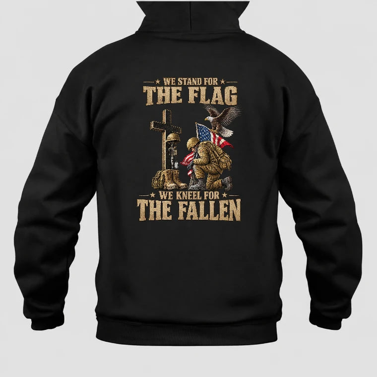 We Stand For The Flag We Kneel For The Fallen  – Patriotic Military Tribute Eagle American Flag - Unisex T-Shirt, Long Sleeve, Sweatshirt & Hoodie - Hoodie - Black - Back