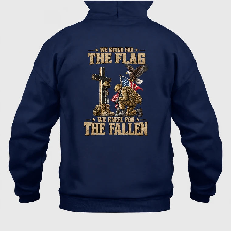 We Stand For The Flag We Kneel For The Fallen  – Patriotic Military Tribute Eagle American Flag - Unisex T-Shirt, Long Sleeve, Sweatshirt & Hoodie - Hoodie - Navy - Back