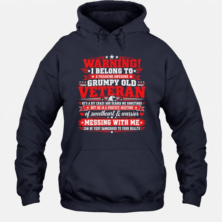I Belong to a Freaking Awesome Grumpy Old Veteran Shirt – Gift for Veteran Wife, Military Spouse, T-Shirt, Long Sleeve, Sweatshirt & Hoodie - Hoodie - Navy - Front