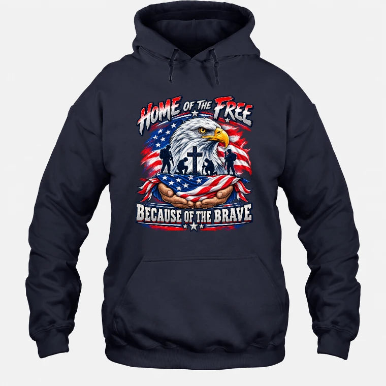 Home of the Free Because of the Brave Veteran Shirt – Gift for Military Dad, Grandpa & U.S. Veteran, T-Shirt, Long Sleeve, Sweatshirt & Hoodie - Hoodie - Navy - Front