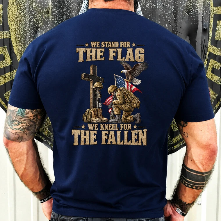 We Stand For The Flag We Kneel For The Fallen  – Patriotic Military Tribute Eagle American Flag - Unisex T-Shirt, Long Sleeve, Sweatshirt & Hoodie - T-Shirt - Navy - Back