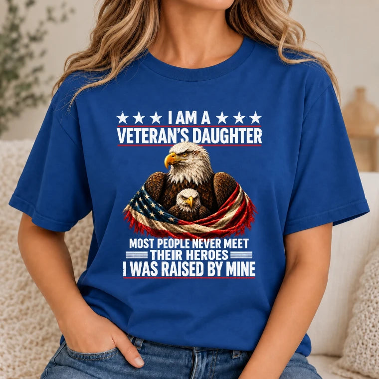 Veteran’s Daughter Shirt – I Was Raised by My Hero, Personalized Gift for Military Daughter, T-Shirt, Long Sleeve, Sweatshirt & Hoodie - T-Shirt - Royal - Front