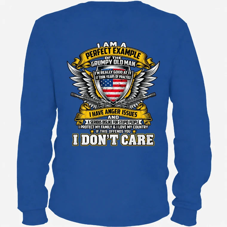 Grumpy Old Man Shirt – I Don’t Care, Funny Gift for Veteran Dad & Grandpa, T-Shirt, Long Sleeve, Sweatshirt & Hoodie - Long Sleeve - Royal - Back