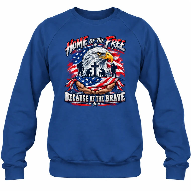 Home of the Free Because of the Brave Veteran Shirt – Gift for Military Dad, Grandpa & U.S. Veteran, T-Shirt, Long Sleeve, Sweatshirt & Hoodie - Sweatshirt - Royal - Front