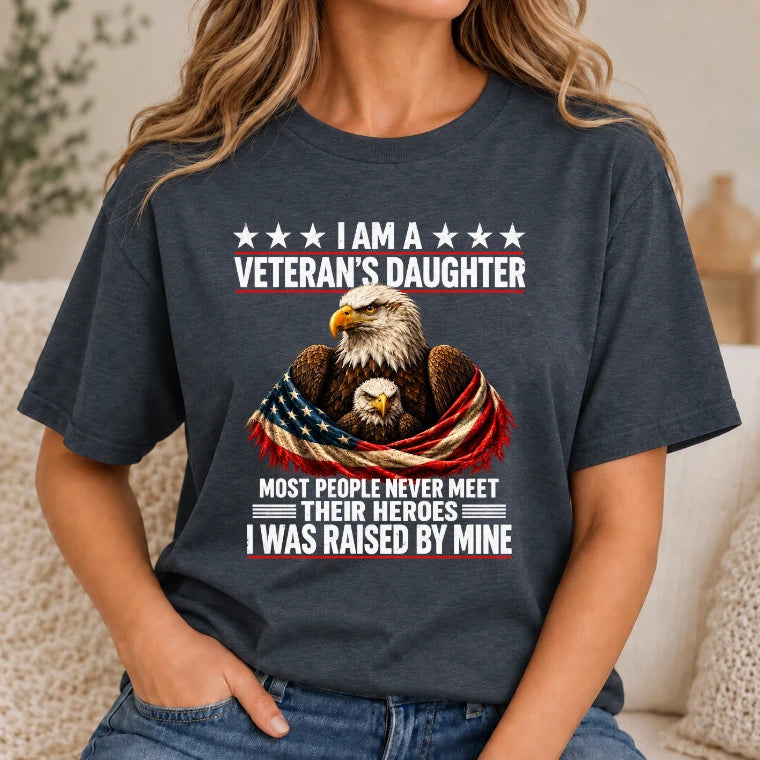 Veteran’s Daughter Shirt – I Was Raised by My Hero, Personalized Gift for Military Daughter, T-Shirt, Long Sleeve, Sweatshirt & Hoodie - T-Shirt - Dark Heather - Front
