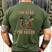 We Stand For The Flag We Kneel For The Fallen  – Patriotic Military Tribute Eagle American Flag - Unisex T-Shirt, Long Sleeve, Sweatshirt & Hoodie - T-Shirt - Military Green - Back