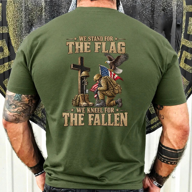 We Stand For The Flag We Kneel For The Fallen  – Patriotic Military Tribute Eagle American Flag - Unisex T-Shirt, Long Sleeve, Sweatshirt & Hoodie - T-Shirt - Military Green - Back