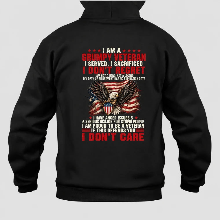 I Am A Grumpy Veteran Shirt – I Served I Sacrificed I Don’t Regret Patriotic Eagle American Flag Veteran T-Shirt, Long Sleeve, Sweatshirt & Hoodie - Hoodie - Black - Back