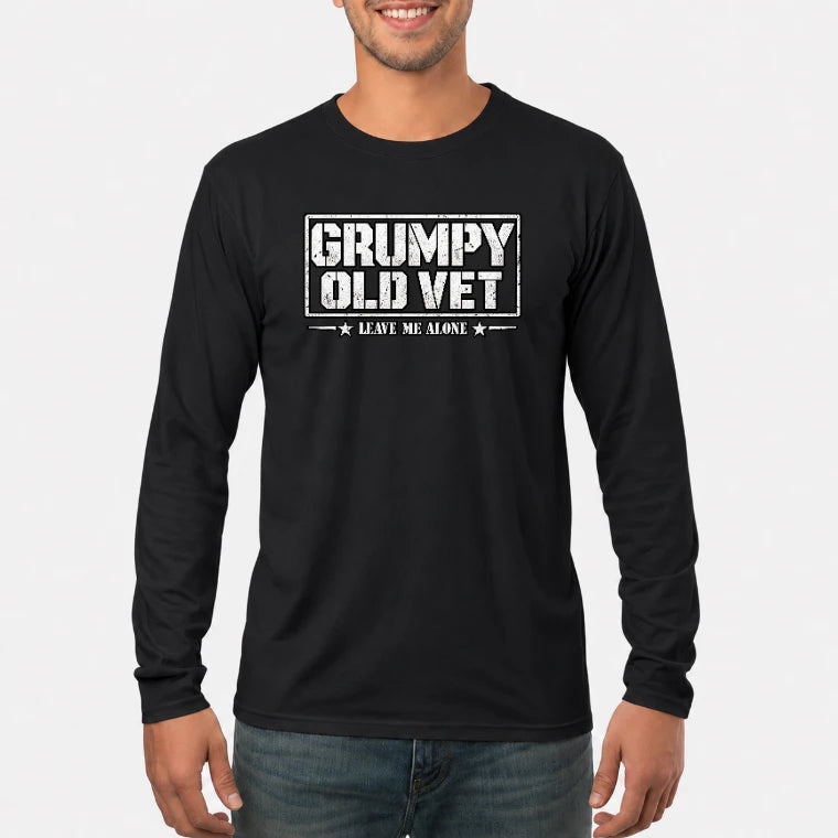 Grumpy Old Vet Leave Me Alone Shirt – Funny Gift for Veteran Dad, Grandpa & Retired Military, T-Shirt, Long Sleeve, Sweatshirt & Hoodie - Long Sleeve - Black - Front