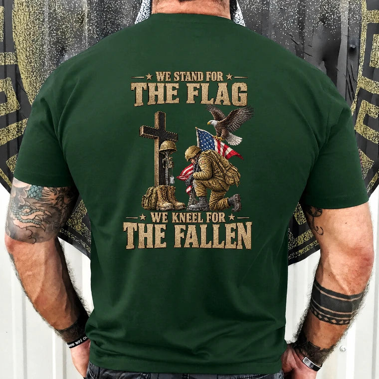 We Stand For The Flag We Kneel For The Fallen  – Patriotic Military Tribute Eagle American Flag - Unisex T-Shirt, Long Sleeve, Sweatshirt & Hoodie - T-Shirt - Forest Green - Back