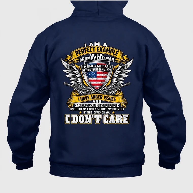 Grumpy Old Man Shirt – I Don’t Care, Funny Gift for Veteran Dad & Grandpa, T-Shirt, Long Sleeve, Sweatshirt & Hoodie - Hoodie - Navy - Back