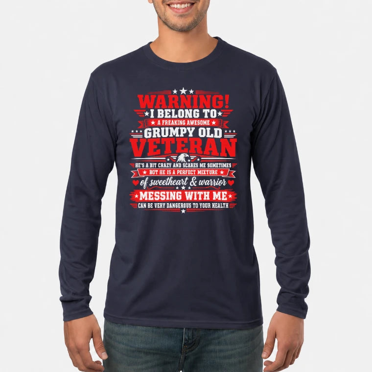 I Belong to a Freaking Awesome Grumpy Old Veteran Shirt – Gift for Veteran Wife, Military Spouse, T-Shirt, Long Sleeve, Sweatshirt & Hoodie - Long Sleeve - Navy - Front