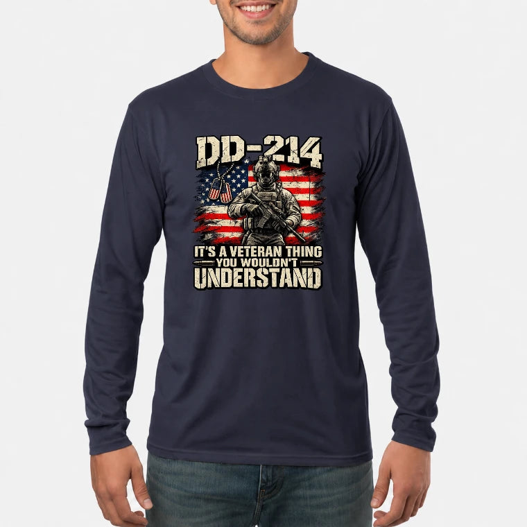 DD-214 Veteran Shirt – It’s a Veteran Thing You Wouldn’t Understand, Gift for U.S. Veteran, Military Dad & Grandpa, T-Shirt, Long Sleeve, Sweatshirt & Hoodie - Long Sleeve - Navy - Front