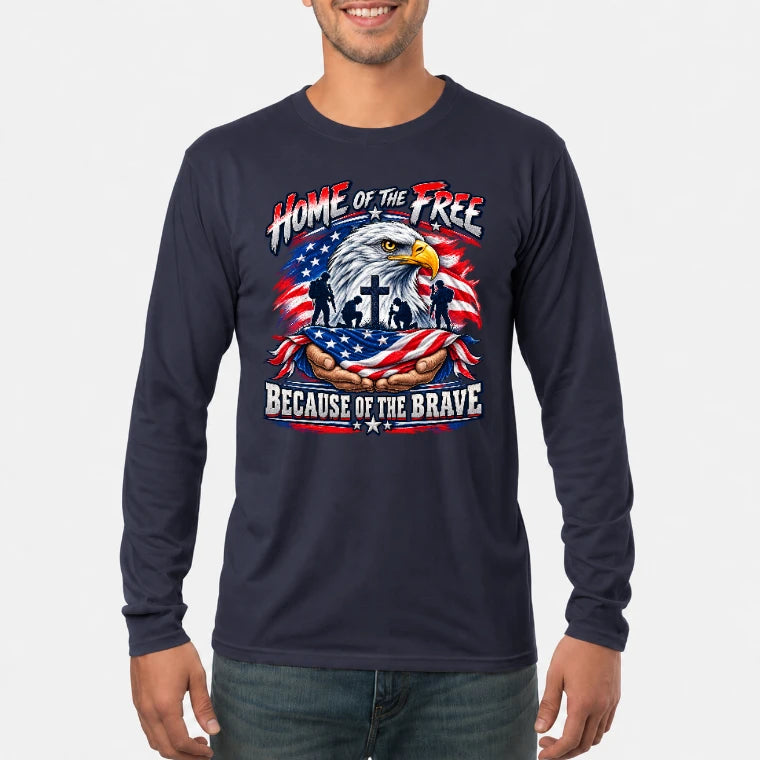 Home of the Free Because of the Brave Veteran Shirt – Gift for Military Dad, Grandpa & U.S. Veteran, T-Shirt, Long Sleeve, Sweatshirt & Hoodie - Long Sleeve - Navy - Front