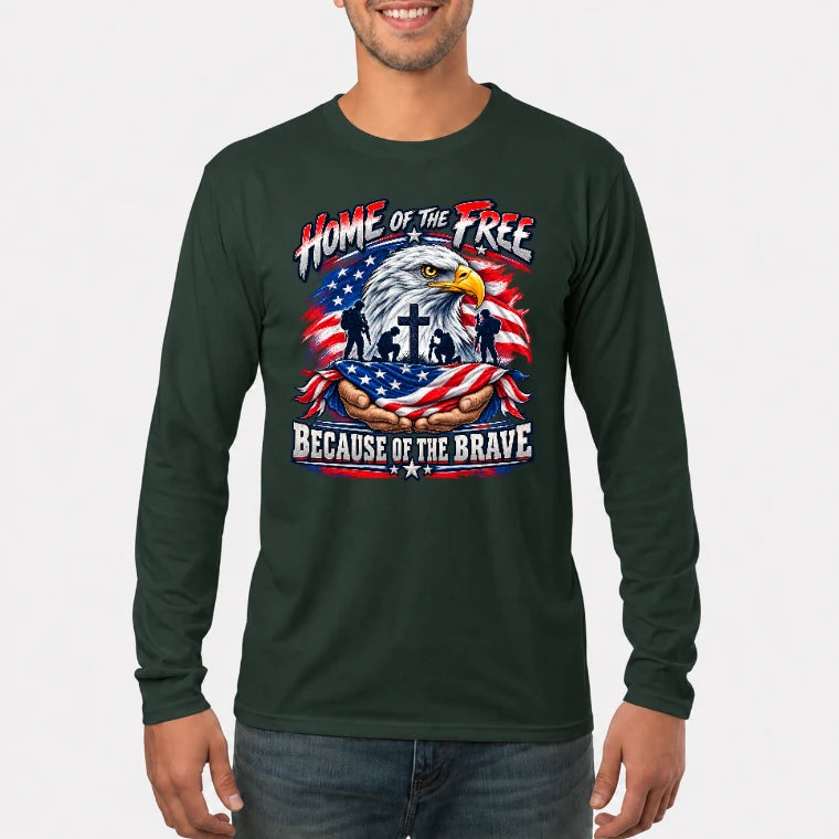 Home of the Free Because of the Brave Veteran Shirt – Gift for Military Dad, Grandpa & U.S. Veteran, T-Shirt, Long Sleeve, Sweatshirt & Hoodie - Long Sleeve - Forest Green - Front