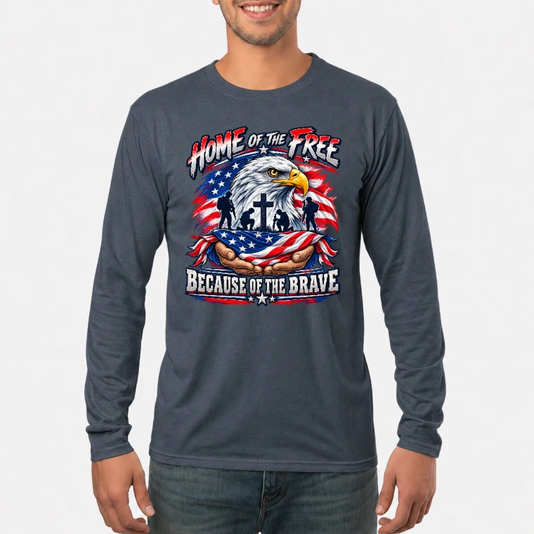 Home of the Free Because of the Brave Veteran Shirt – Gift for Military Dad, Grandpa & U.S. Veteran, T-Shirt, Long Sleeve, Sweatshirt & Hoodie - Long Sleeve - Dark Heather - Front