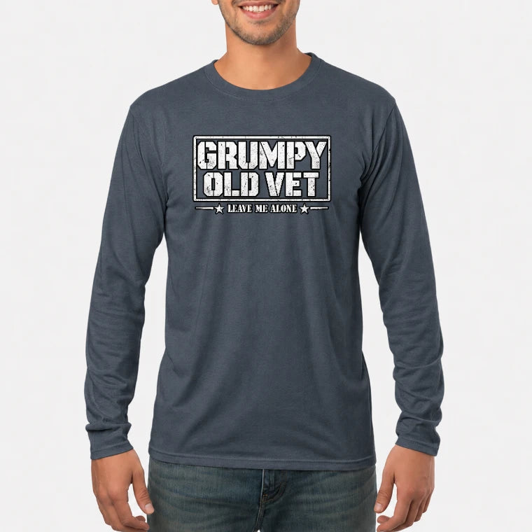 Grumpy Old Vet Leave Me Alone Shirt – Funny Gift for Veteran Dad, Grandpa & Retired Military, T-Shirt, Long Sleeve, Sweatshirt & Hoodie - Long Sleeve - Dark Heather - Front