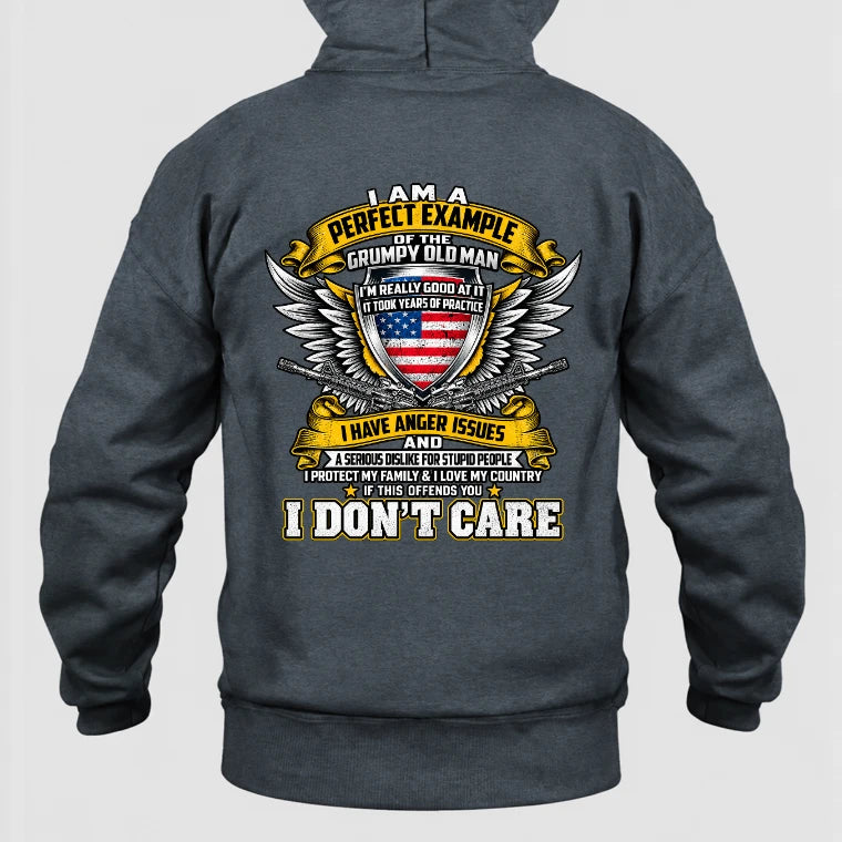 Grumpy Old Man Shirt – I Don’t Care, Funny Gift for Veteran Dad & Grandpa, T-Shirt, Long Sleeve, Sweatshirt & Hoodie - Hoodie - Dark Heather - Back