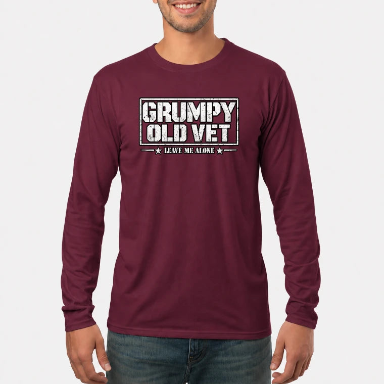 Grumpy Old Vet Leave Me Alone Shirt – Funny Gift for Veteran Dad, Grandpa & Retired Military, T-Shirt, Long Sleeve, Sweatshirt & Hoodie - Long Sleeve - Maroon - Front