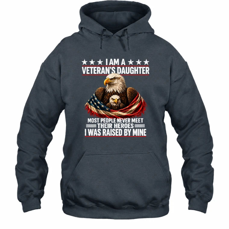 Veteran’s Daughter Shirt – I Was Raised by My Hero, Personalized Gift for Military Daughter, T-Shirt, Long Sleeve, Sweatshirt & Hoodie - Hoodie - Dark Heather - Front