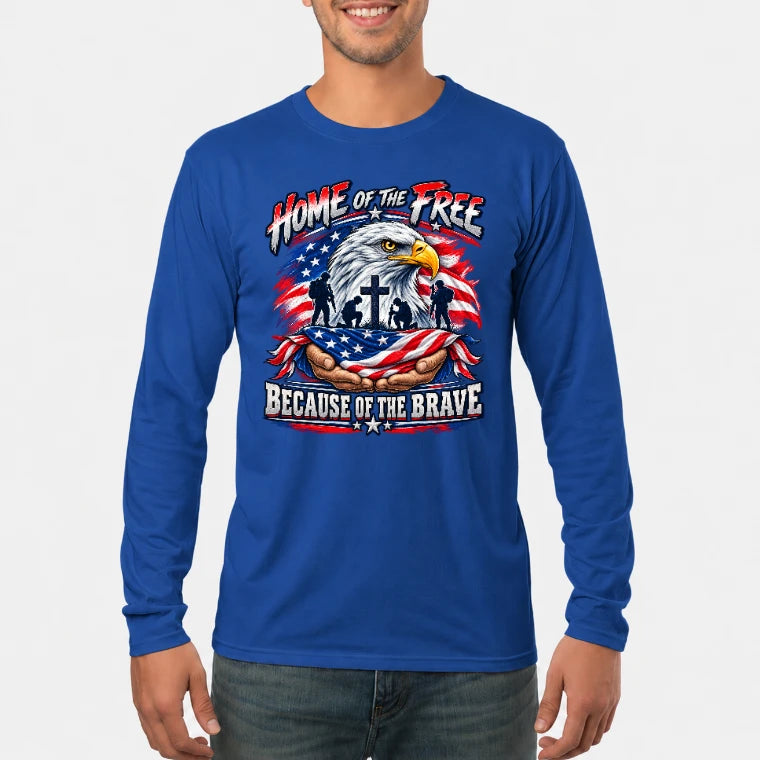 Home of the Free Because of the Brave Veteran Shirt – Gift for Military Dad, Grandpa & U.S. Veteran, T-Shirt, Long Sleeve, Sweatshirt & Hoodie - Long Sleeve - Royal - Front