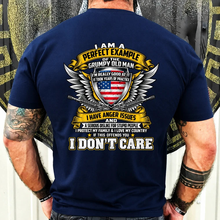 Grumpy Old Man Shirt – I Don’t Care, Funny Gift for Veteran Dad & Grandpa, T-Shirt, Long Sleeve, Sweatshirt & Hoodie - T-Shirt - Navy - Back