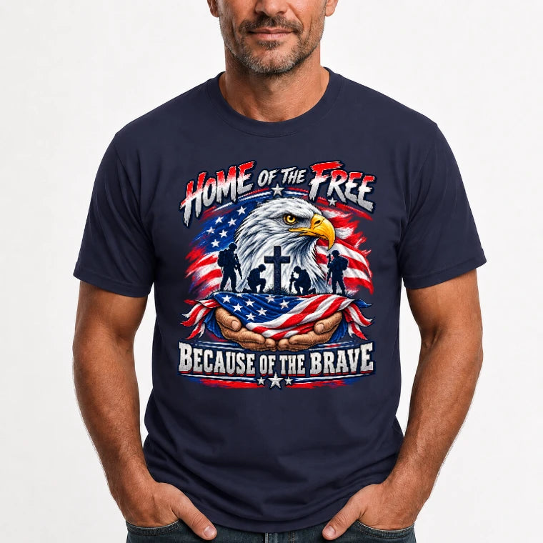 Home of the Free Because of the Brave Veteran Shirt – Gift for Military Dad, Grandpa & U.S. Veteran, T-Shirt, Long Sleeve, Sweatshirt & Hoodie - T-Shirt - Navy - Front