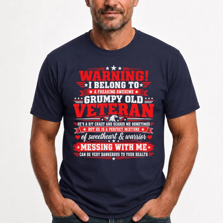 I Belong to a Freaking Awesome Grumpy Old Veteran Shirt – Gift for Veteran Wife, Military Spouse, T-Shirt, Long Sleeve, Sweatshirt & Hoodie - T-Shirt - Navy - Front