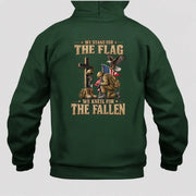 We Stand For The Flag We Kneel For The Fallen  – Patriotic Military Tribute Eagle American Flag - Unisex T-Shirt, Long Sleeve, Sweatshirt & Hoodie - Hoodie - Forest Green - Back