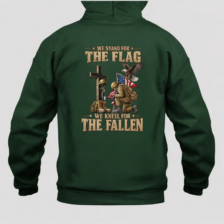 We Stand For The Flag We Kneel For The Fallen  – Patriotic Military Tribute Eagle American Flag - Unisex T-Shirt, Long Sleeve, Sweatshirt & Hoodie - Hoodie - Forest Green - Back