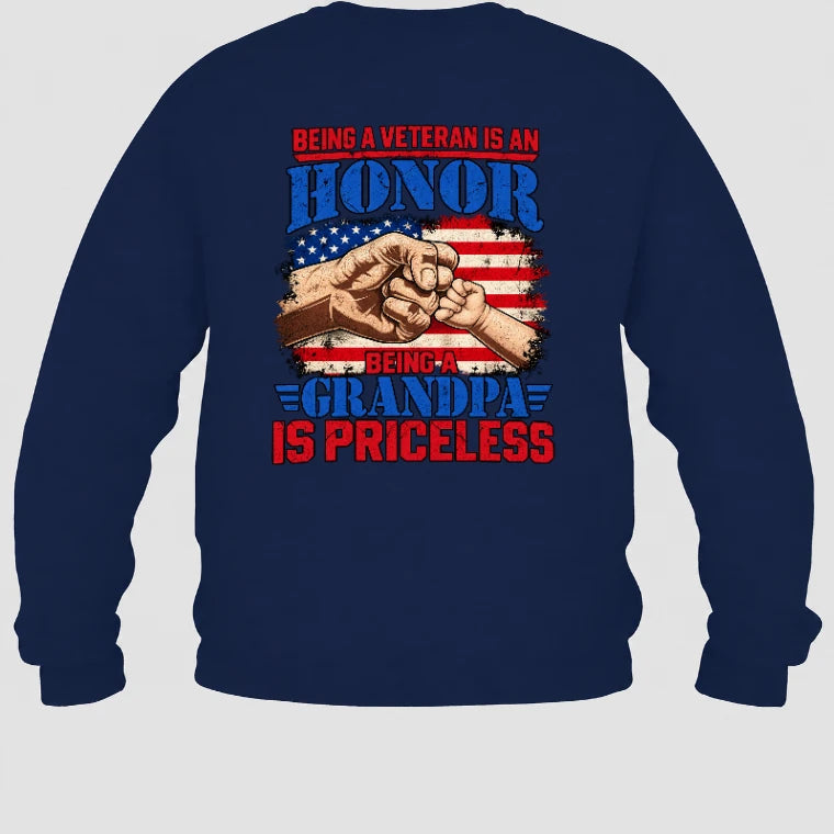 Veteran Grandpa Shirt – Being a Veteran Is an Honor, Being a Grandpa Is Priceless, Gift for Grandpa, T-Shirt, Long Sleeve, Sweatshirt & Hoodie - Sweatshirt - Navy - Back
