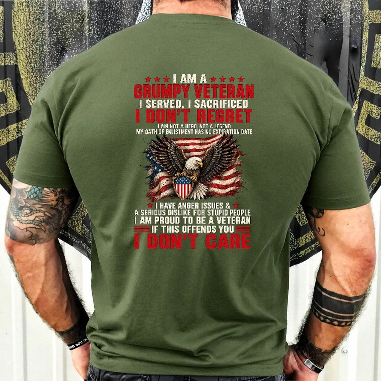 I Am A Grumpy Veteran Shirt – I Served I Sacrificed I Don’t Regret Patriotic Eagle American Flag Veteran T-Shirt, Long Sleeve, Sweatshirt & Hoodie - T-Shirt - Military Green - Back
