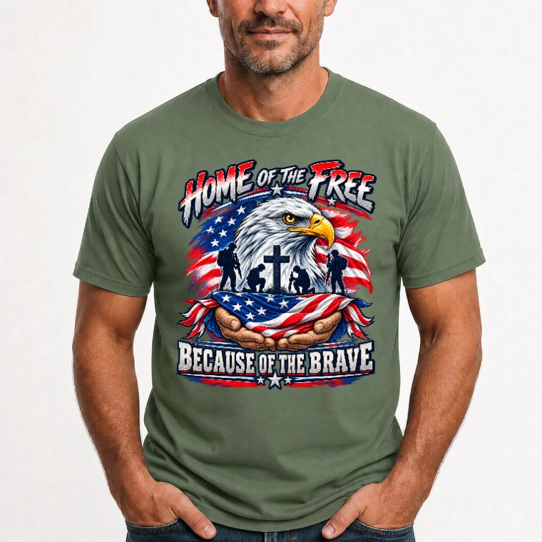 Home of the Free Because of the Brave Veteran Shirt – Gift for Military Dad, Grandpa & U.S. Veteran, T-Shirt, Long Sleeve, Sweatshirt & Hoodie - T-Shirt - Military Green - Front