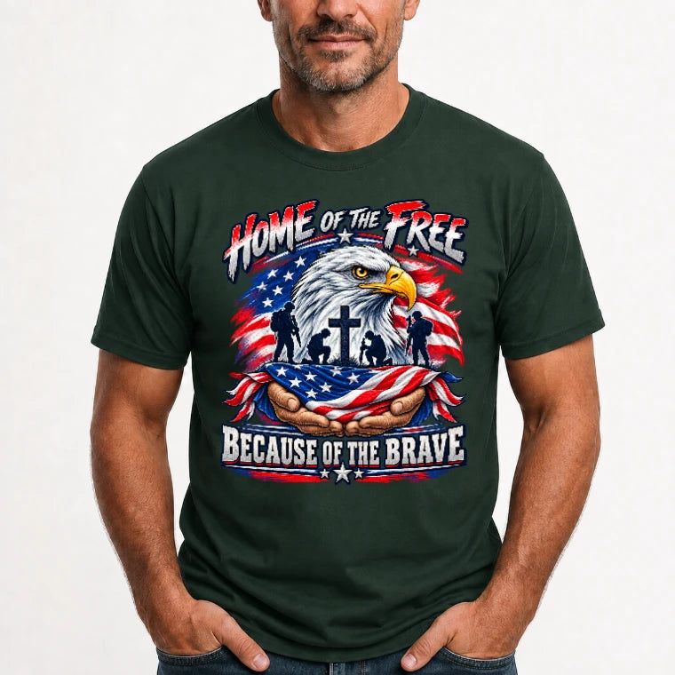 Home of the Free Because of the Brave Veteran Shirt – Gift for Military Dad, Grandpa & U.S. Veteran, T-Shirt, Long Sleeve, Sweatshirt & Hoodie - T-Shirt - Forest Green - Front
