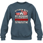 Veteran Wife Shirt – My Husband Risked His Life to Save Strangers, Gift for Veteran Wife & Military Spouse, T-Shirt, Long Sleeve, Sweatshirt & Hoodie - Sweatshirt - Dark Heather - Front