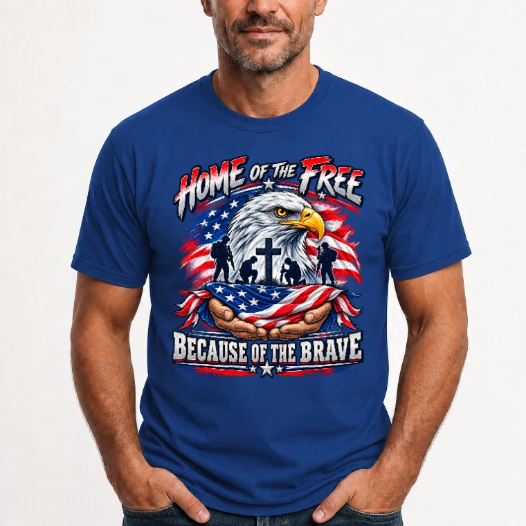 Home of the Free Because of the Brave Veteran Shirt – Gift for Military Dad, Grandpa & U.S. Veteran, T-Shirt, Long Sleeve, Sweatshirt & Hoodie - T-Shirt - Royal - Front