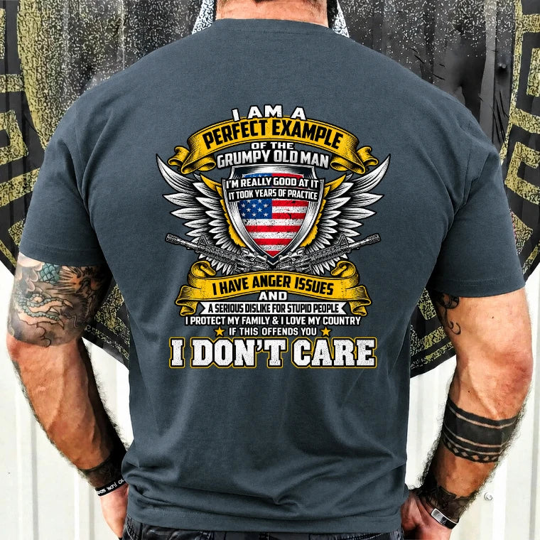 Grumpy Old Man Shirt – I Don’t Care, Funny Gift for Veteran Dad & Grandpa, T-Shirt, Long Sleeve, Sweatshirt & Hoodie - T-Shirt - Dark Heather - Back