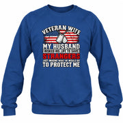 Veteran Wife Shirt – My Husband Risked His Life to Save Strangers, Gift for Veteran Wife & Military Spouse, T-Shirt, Long Sleeve, Sweatshirt & Hoodie - Sweatshirt - Royal - Front
