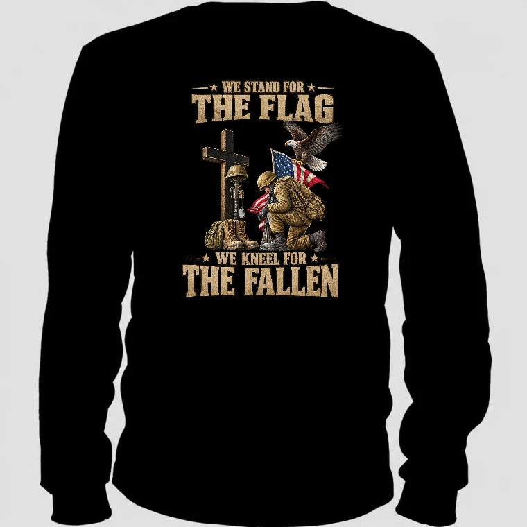 We Stand For The Flag We Kneel For The Fallen  – Patriotic Military Tribute Eagle American Flag - Unisex T-Shirt, Long Sleeve, Sweatshirt & Hoodie - Long Sleeve - Black - Back