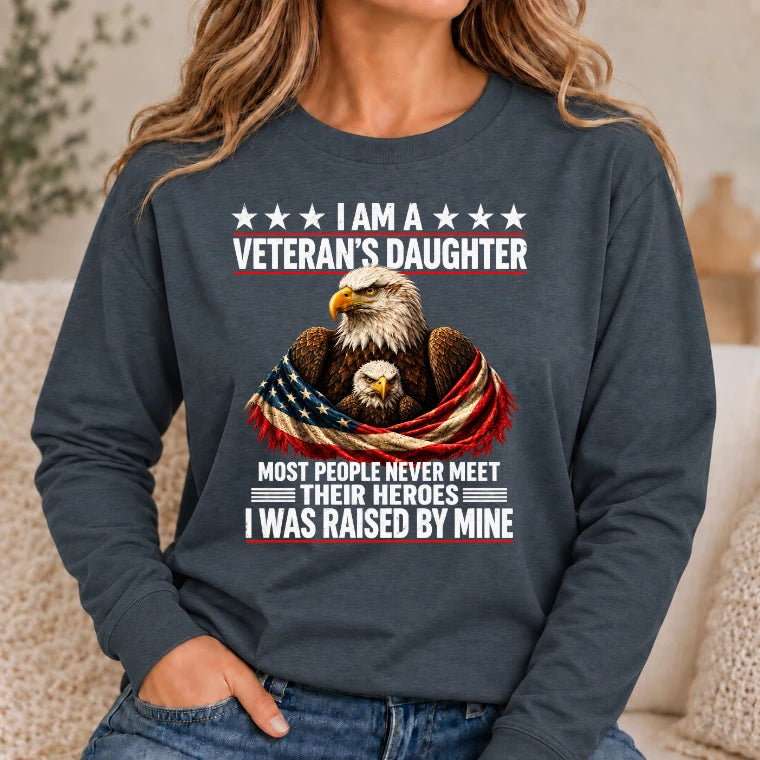 Veteran’s Daughter Shirt – I Was Raised by My Hero, Personalized Gift for Military Daughter, T-Shirt, Long Sleeve, Sweatshirt & Hoodie - Long Sleeve - Dark Heather - Front