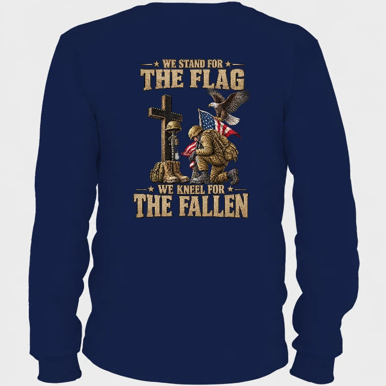 We Stand For The Flag We Kneel For The Fallen  – Patriotic Military Tribute Eagle American Flag - Unisex T-Shirt, Long Sleeve, Sweatshirt & Hoodie - Long Sleeve - Navy - Back