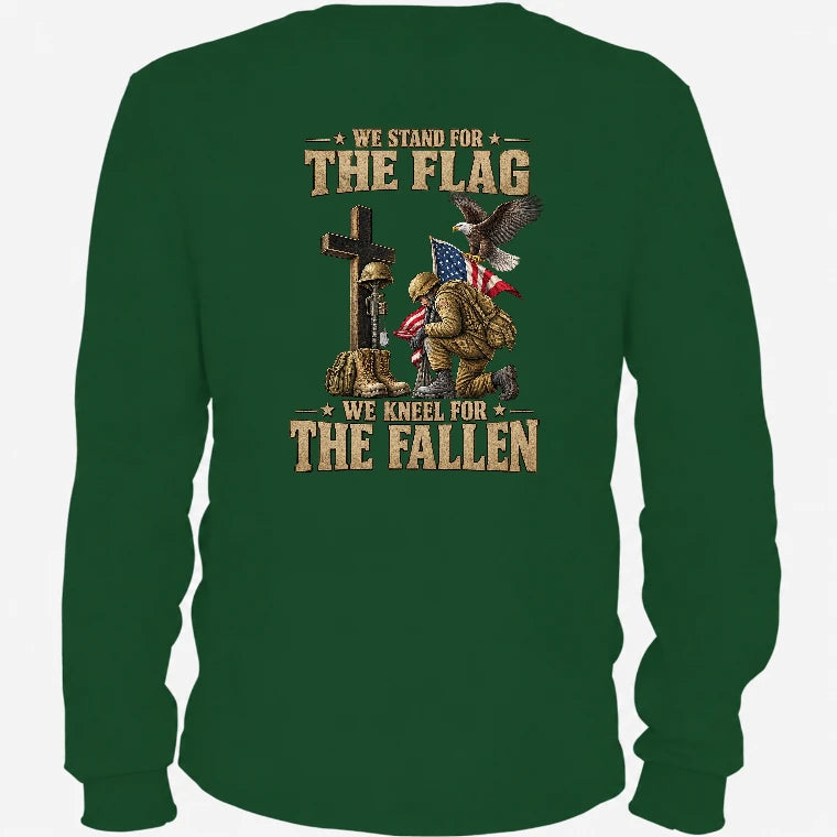 We Stand For The Flag We Kneel For The Fallen  – Patriotic Military Tribute Eagle American Flag - Unisex T-Shirt, Long Sleeve, Sweatshirt & Hoodie - Long Sleeve - Forest Green - Back