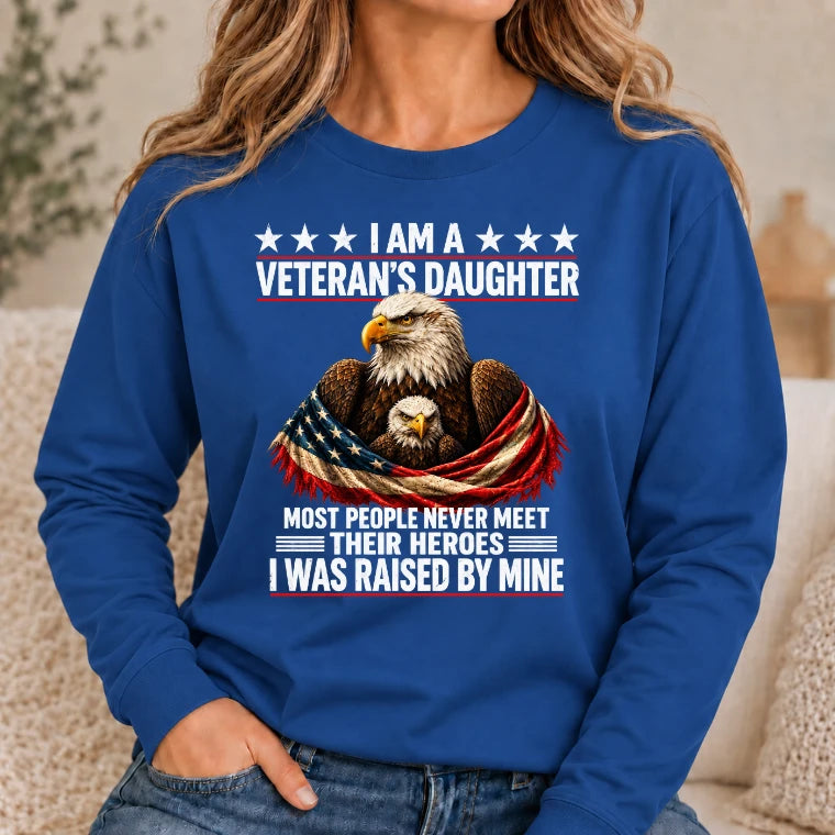 Veteran’s Daughter Shirt – I Was Raised by My Hero, Personalized Gift for Military Daughter, T-Shirt, Long Sleeve, Sweatshirt & Hoodie - Long Sleeve - Royal - Front