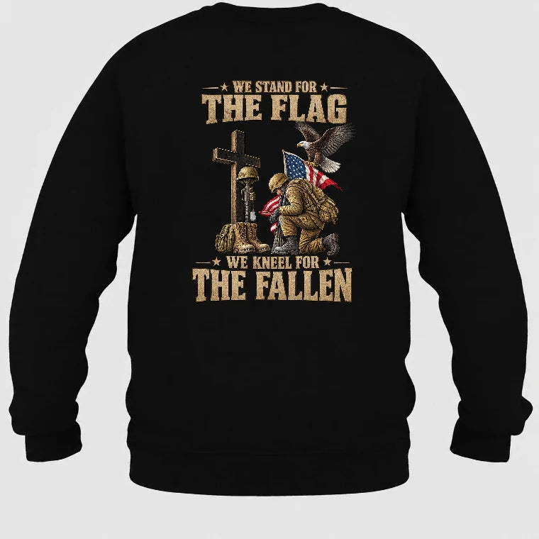 We Stand For The Flag We Kneel For The Fallen  – Patriotic Military Tribute Eagle American Flag - Unisex T-Shirt, Long Sleeve, Sweatshirt & Hoodie - Sweatshirt - Black - Back