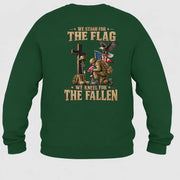 We Stand For The Flag We Kneel For The Fallen  – Patriotic Military Tribute Eagle American Flag - Unisex T-Shirt, Long Sleeve, Sweatshirt & Hoodie - Sweatshirt - Forest Green - Back
