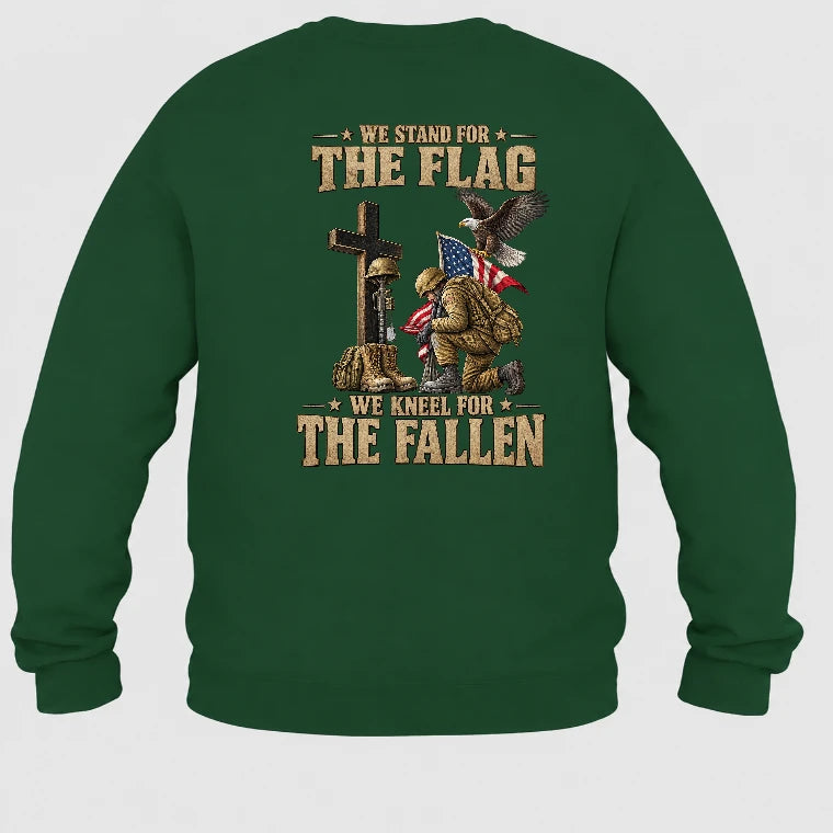 We Stand For The Flag We Kneel For The Fallen  – Patriotic Military Tribute Eagle American Flag - Unisex T-Shirt, Long Sleeve, Sweatshirt & Hoodie - Sweatshirt - Forest Green - Back