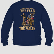 We Stand For The Flag We Kneel For The Fallen  – Patriotic Military Tribute Eagle American Flag - Unisex T-Shirt, Long Sleeve, Sweatshirt & Hoodie - Sweatshirt - Navy - Back