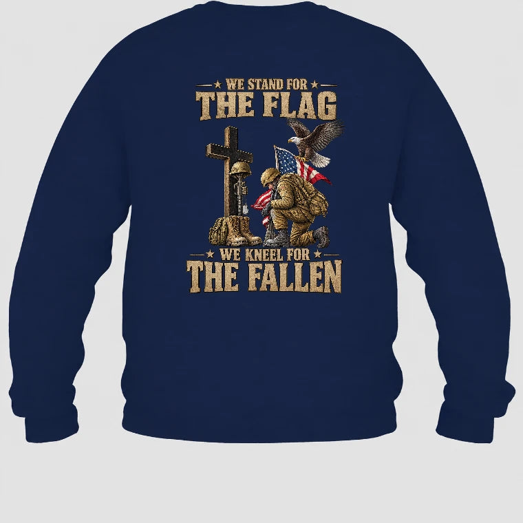 We Stand For The Flag We Kneel For The Fallen  – Patriotic Military Tribute Eagle American Flag - Unisex T-Shirt, Long Sleeve, Sweatshirt & Hoodie - Sweatshirt - Navy - Back