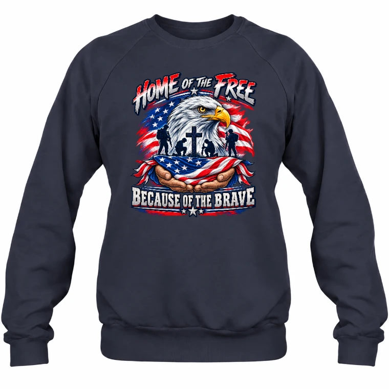 Home of the Free Because of the Brave Veteran Shirt – Gift for Military Dad, Grandpa & U.S. Veteran, T-Shirt, Long Sleeve, Sweatshirt & Hoodie - Sweatshirt - Navy - Front