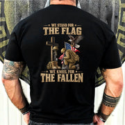 We Stand For The Flag We Kneel For The Fallen  – Patriotic Military Tribute Eagle American Flag - Unisex T-Shirt, Long Sleeve, Sweatshirt & Hoodie - T-Shirt - Black - Back